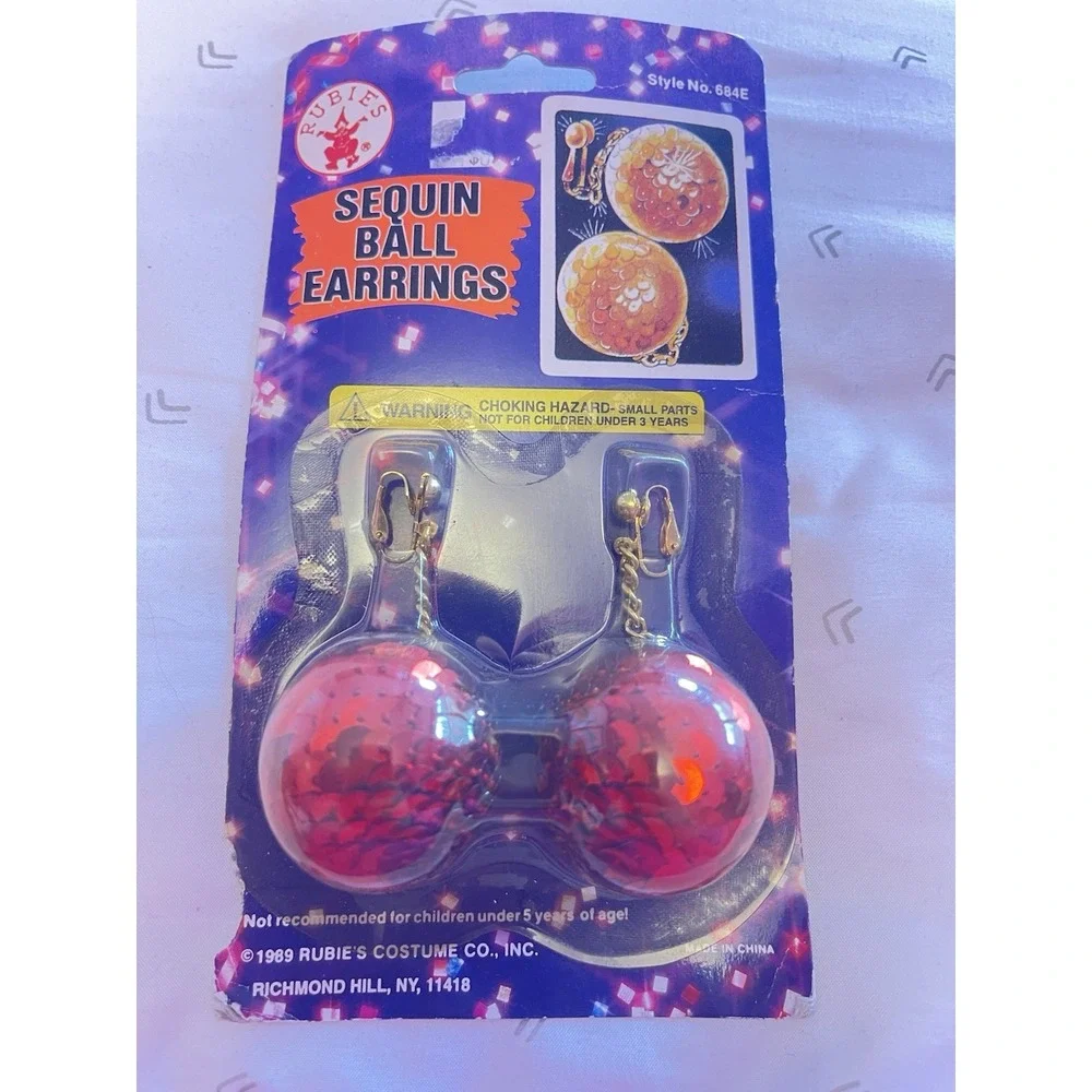 Vintage Disco‎ Clip Earrings Red Sequin Ball  Chunky Dangle 80s Handmade Fun